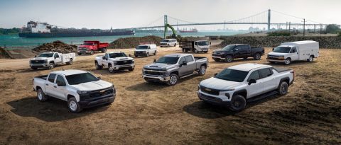 Five GM commercial vehicles side by side.